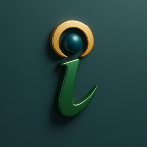 Green and gold stylized lowercase "i" design.